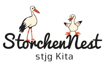 Eine Illustration von zwei Störchen über dem Schriftzug der Kita Storchennest
